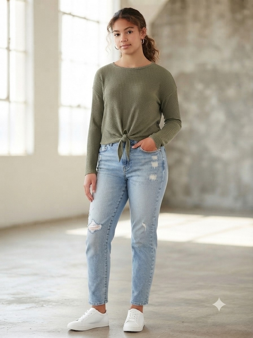 SO Olive Green Tie-Front Waffle Knit Sweater